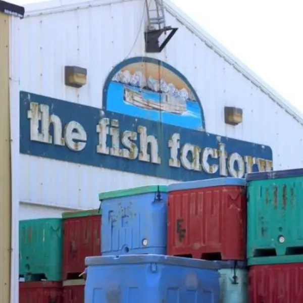 The Fish Factory sign on the dock