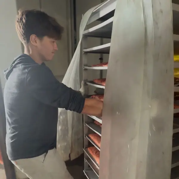 Pulling salmon roe from the flash freezer
