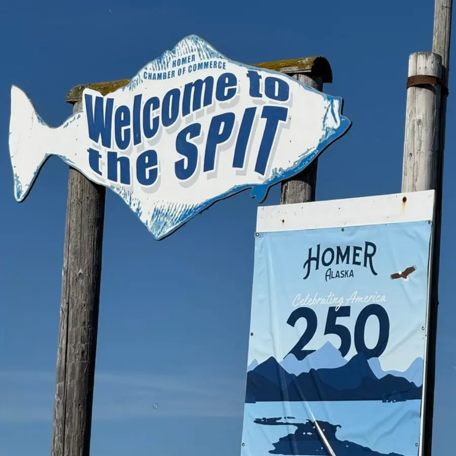 The fish-shaped "Welcome to the SPIT" sign on the Homer Spit